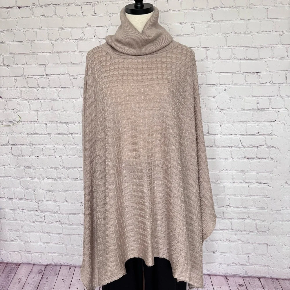 BOSTON PROPER Tan Cable Knit Turtleneck Poncho Sweater--EUC--XS/S - Picture 2 of 14
